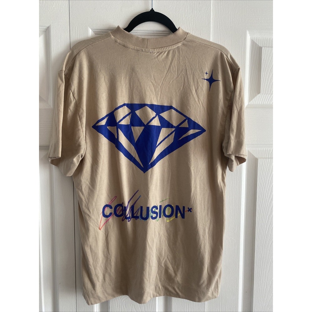 Collusion Men's Tan High Neck Graphic Tee Diamond Print Grunge Medium Streetwear